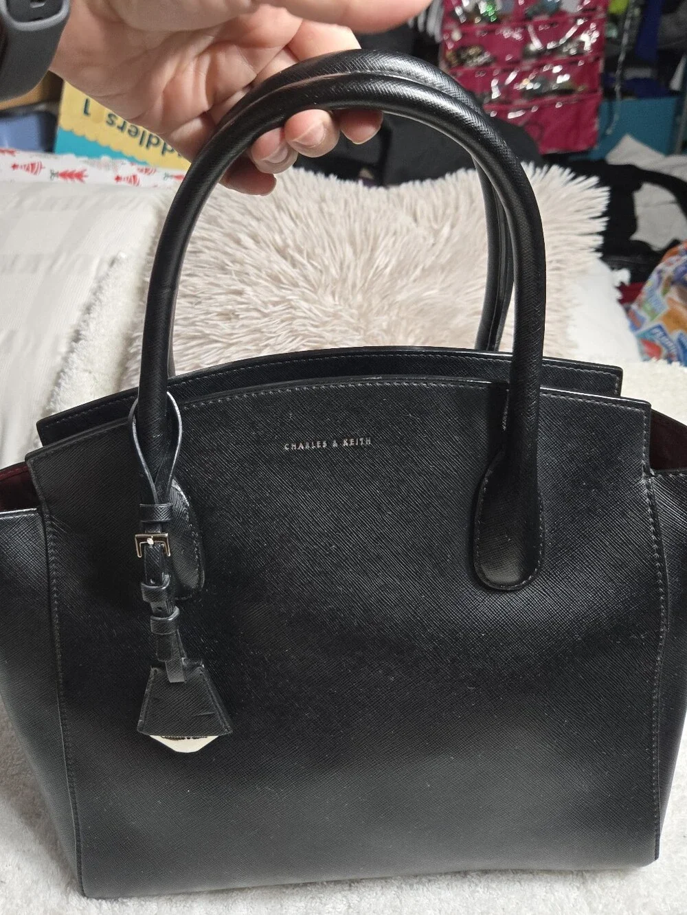 Charles And Keith Structured Top Handle Tote Bag Black